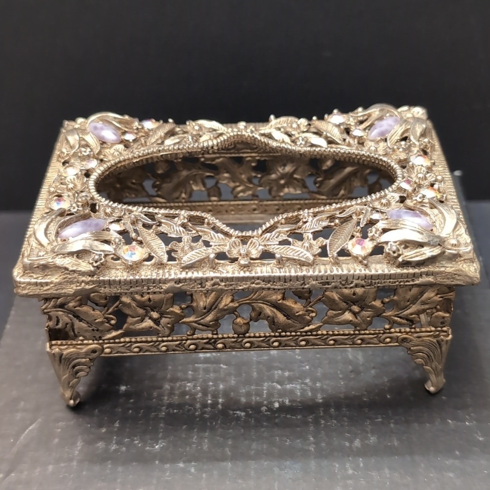 VGT, Decorative Ornate Jeweled Metal Tissue Box Holder .